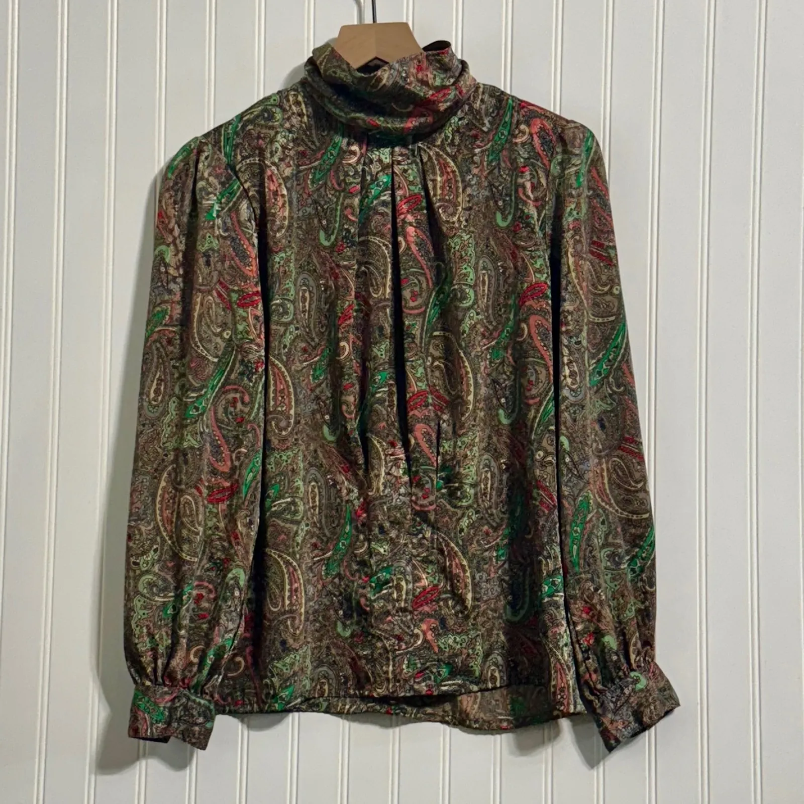 Vintage Nicola Paisley Blouse 8 High Neck Office Siren Librarian Core 80s Retro Brown - Image 2