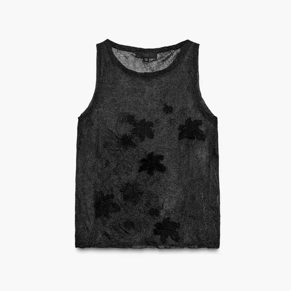 Zara NWT black semi sheer 3d floral appliqué flower detail top - Image 4