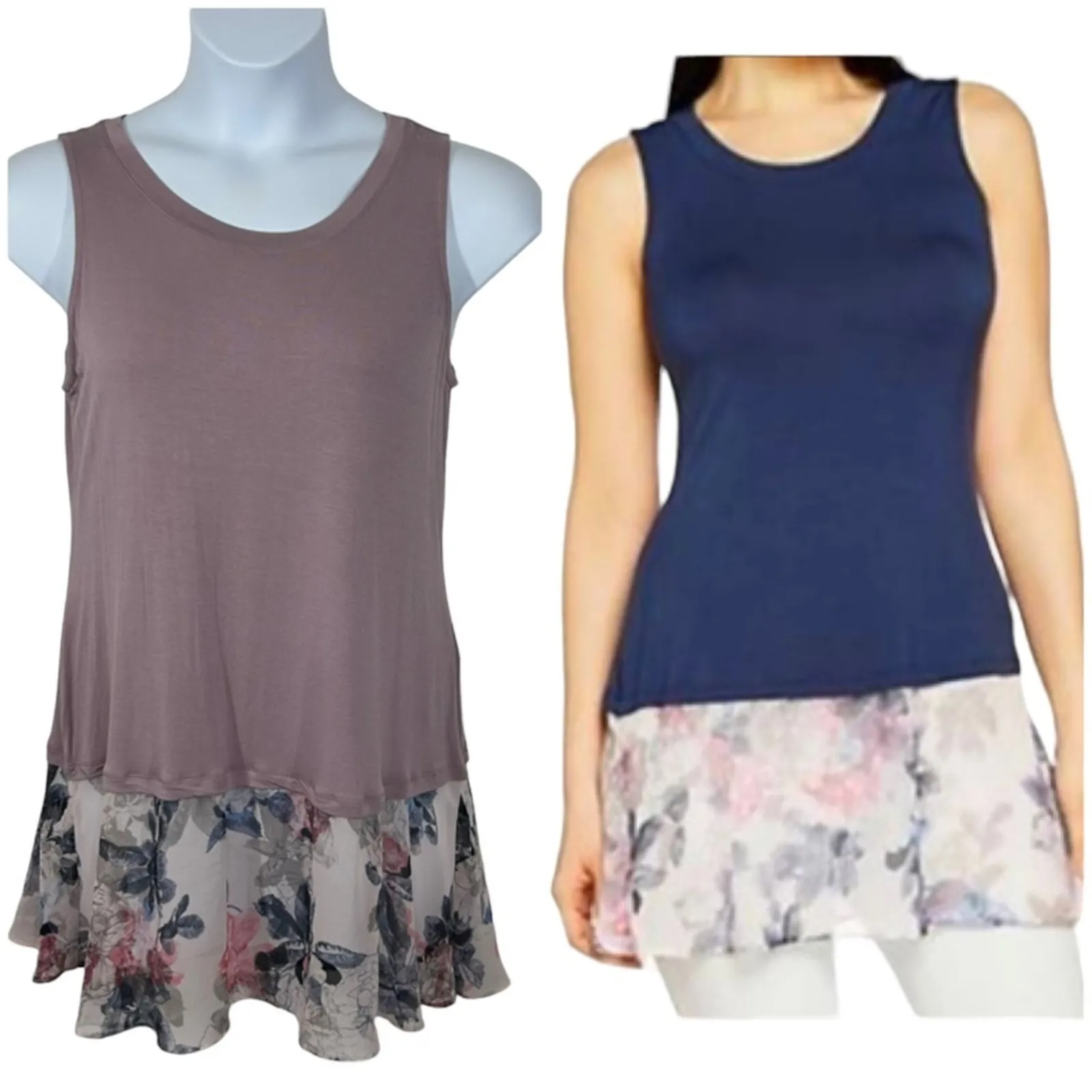 LOGO by Lori Goldstein Mauve Pink Floral Hem Mixed Media Tunic Tank L - Image 2