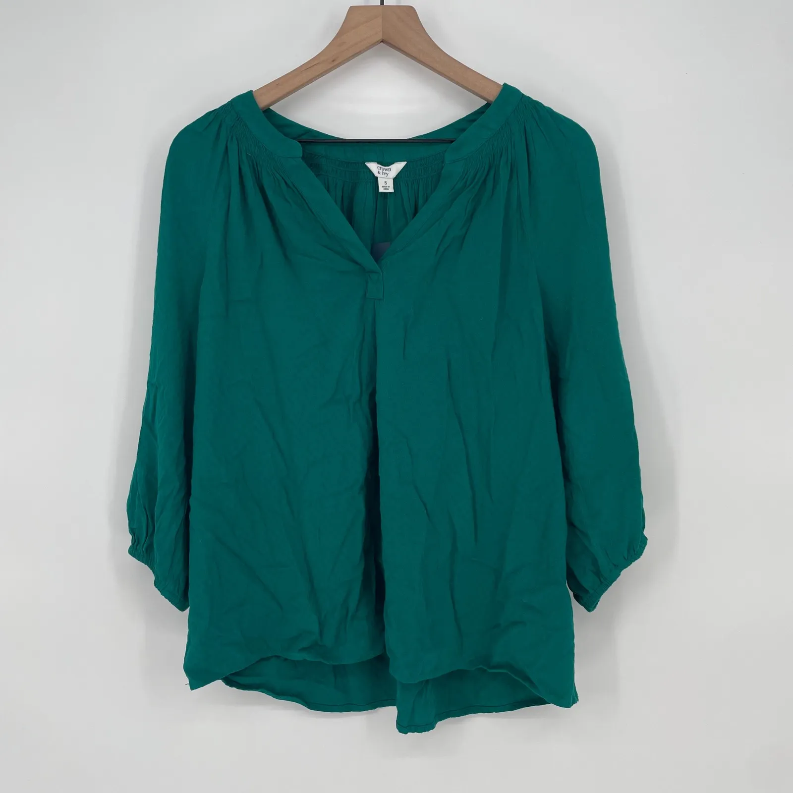 Crown Ivy Teal Green Textured Gathered Neck 3/4 Sleeve Blouse Top Size S - Image 2