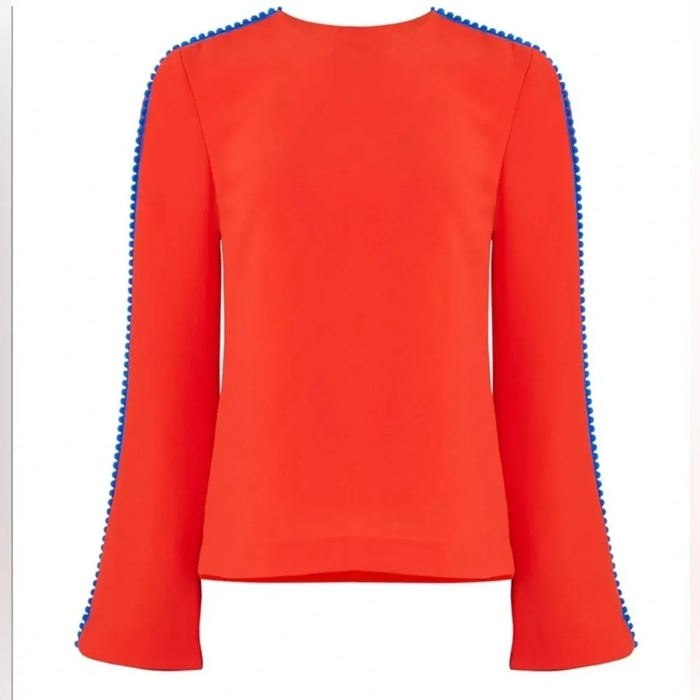 Galvan‎ London NWT Misti Long Sleeve Crepe Pom Pom Blouse 4 Red Cobalt - Image 2