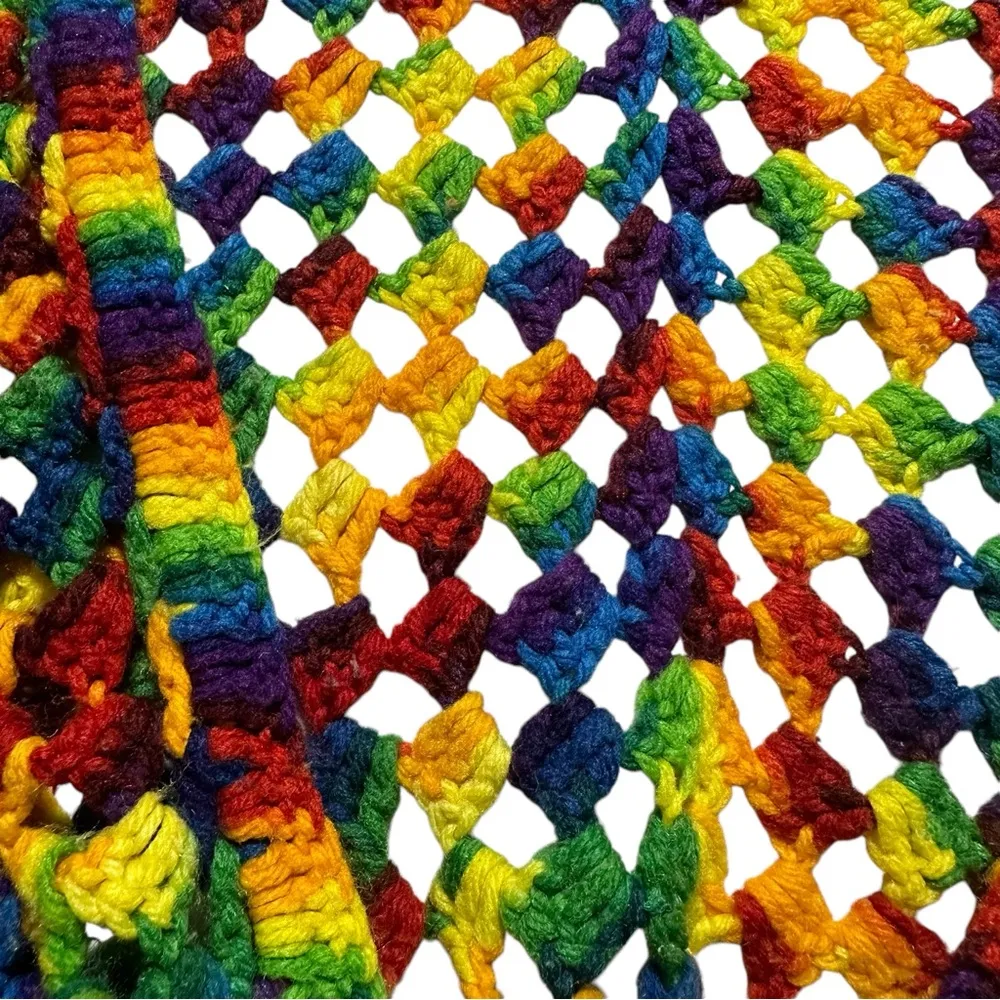 Vintage Handmade Crochet Rainbow Multicolor Open Knit Shoulder Shawl Fringe Blue Size one size - Image 5