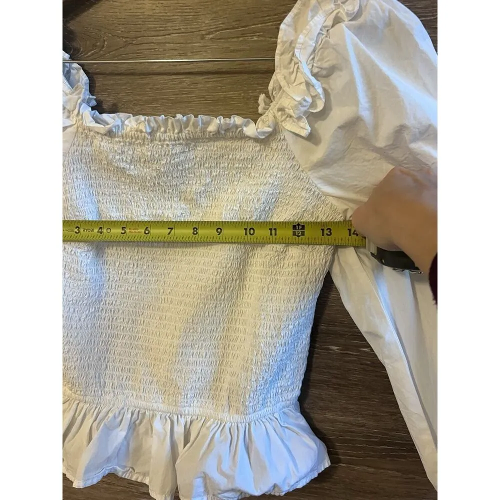 The Drop Top White Crop Shirt Ruffle Form Fit Puff Sleeves Peasant Marisol SMALL - Image 4