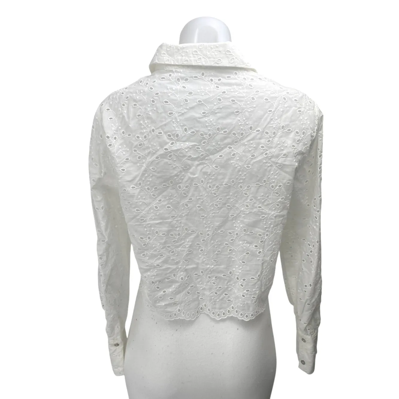 Zara White Embroidered Eyelet Long Sleeve Collar Button Up Crop Blouse Shirt S - Image 2