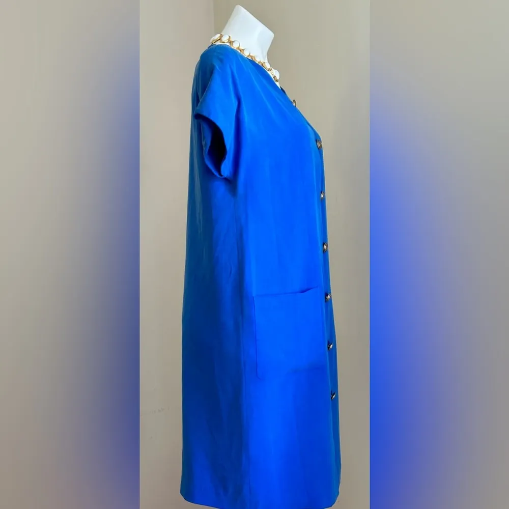 Nancy Crystal Blue Short Sleeves Gold Buttons Vintage Dress  Sz 6 Should… - Image 7