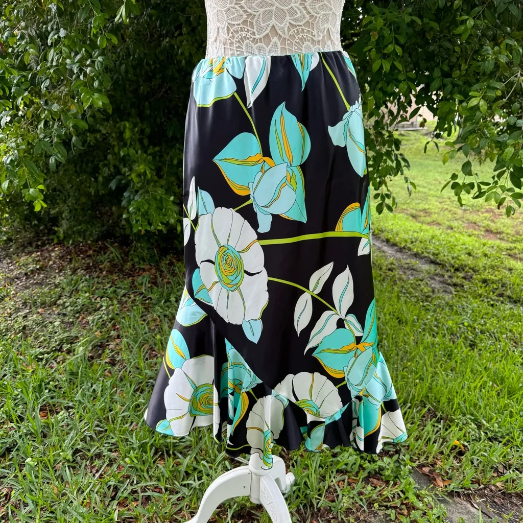 Russell‎ Scott 100% Silk Floral Knee Length Skirt Teal Black Mermaid Size 8 Blue - Image 3