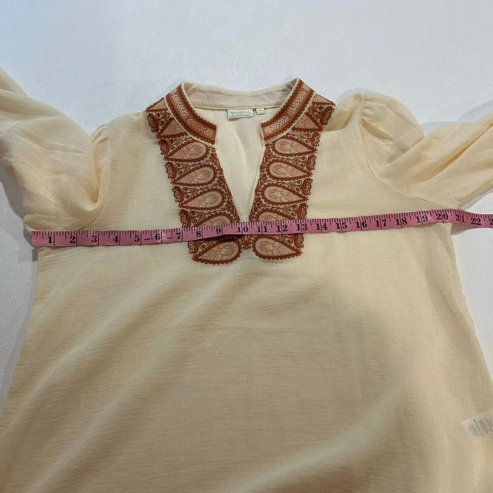 Spartina 449 Embroidered Boho Tunic Top Cream Rust Paisley V Neck Long Sleeve Me - Image 4