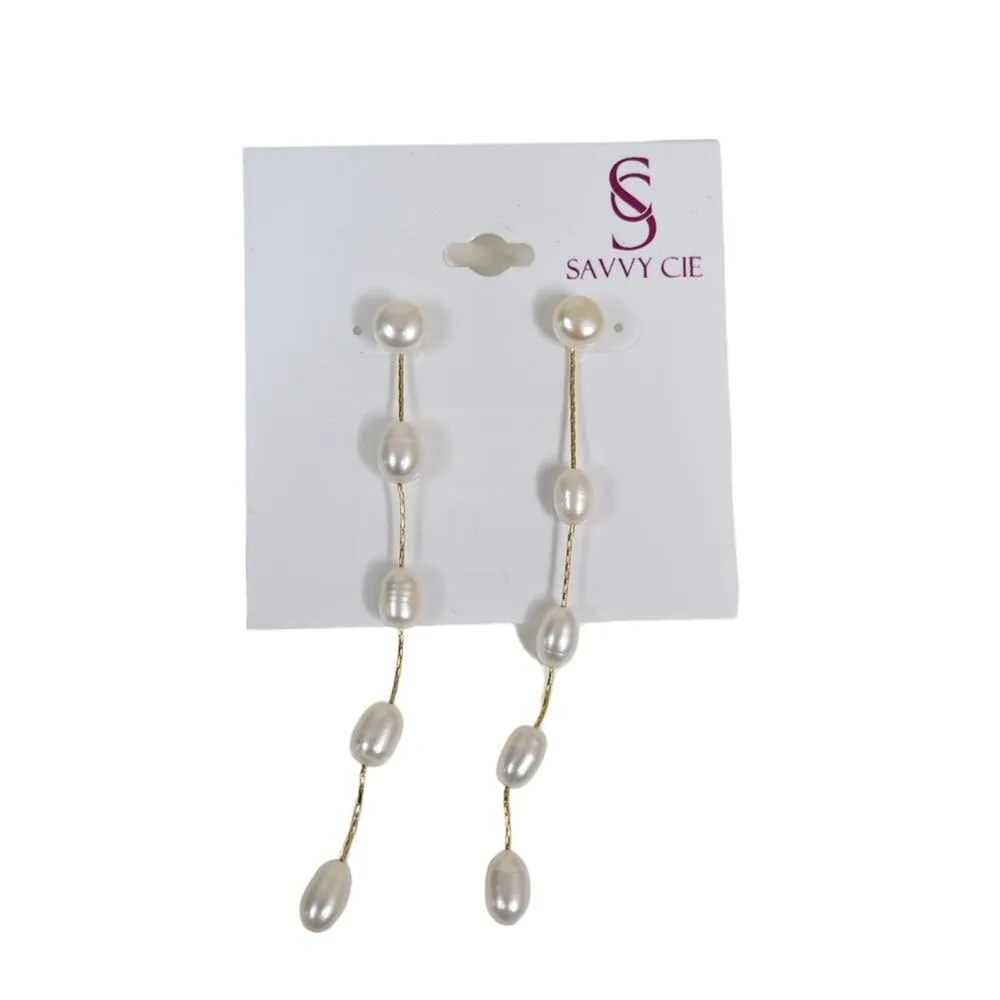 SAVVY CIE JEWELS Freshwater Pearl Linear Drop Earrings 18K Gold Plated NEW - Image 3