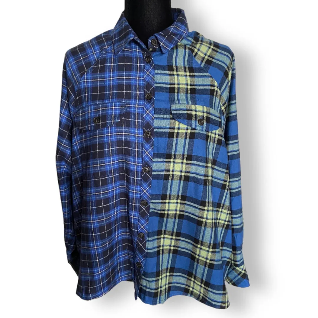 Wild Fable Womens Juniors‎ Shirt M Spliced Blue Plaid Flannel Tunic Pockets NEW - Image 4