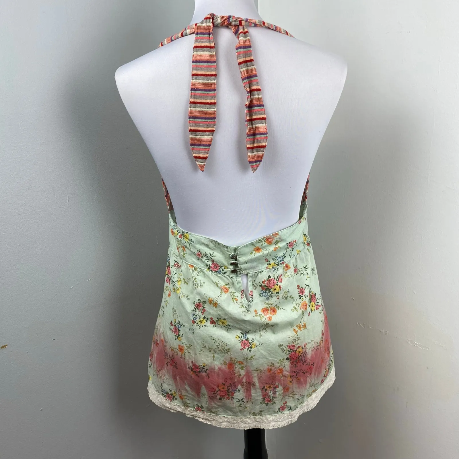 Muchacha Boho Floral Striped Backless Halter Top XL Spain Pink - Image 3