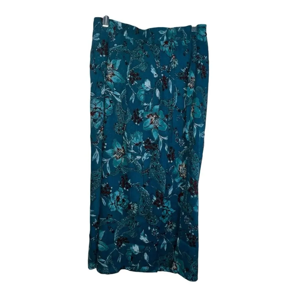 BOG Band of the Free Celene‎ Deep Teal Floral Midi Skirt Medium Front Slit Lined Blue - Image 4