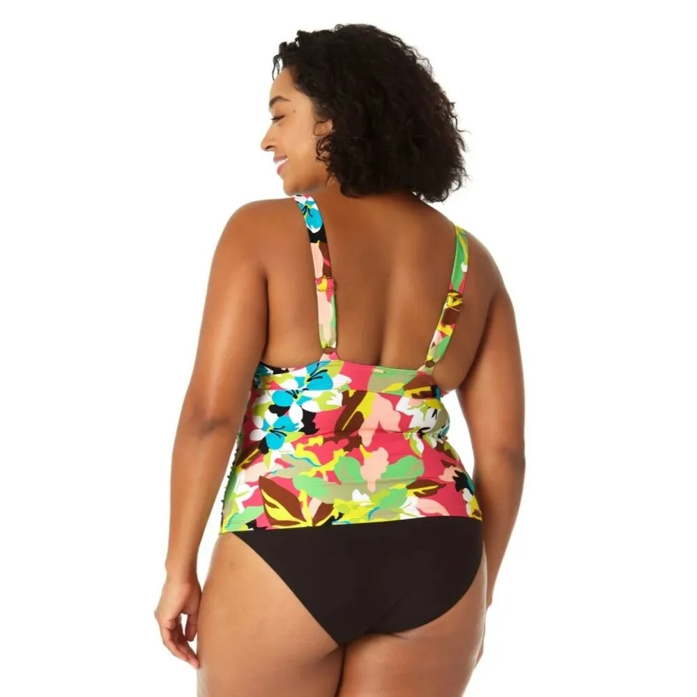 Anne Cole Womens Easy Ring Tri Tankini Swim Top Removable Cups Pink Colorful 18W - Image 2