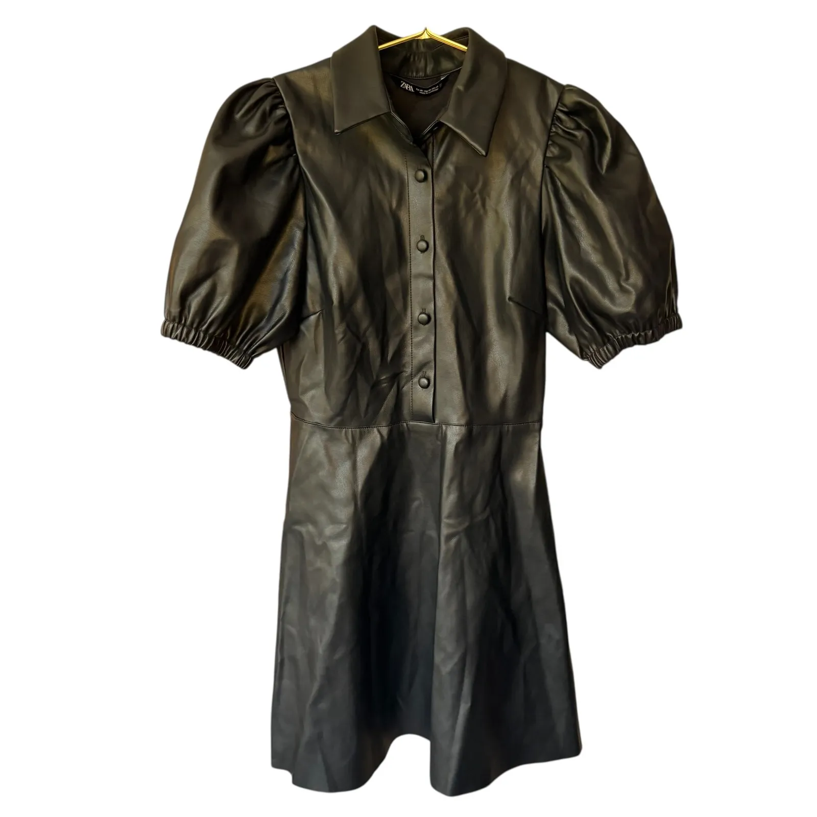 Zara‎ Black Faux Leather Puff Sleeve Collared Button Up Fit Flare Dress XS - Image 8