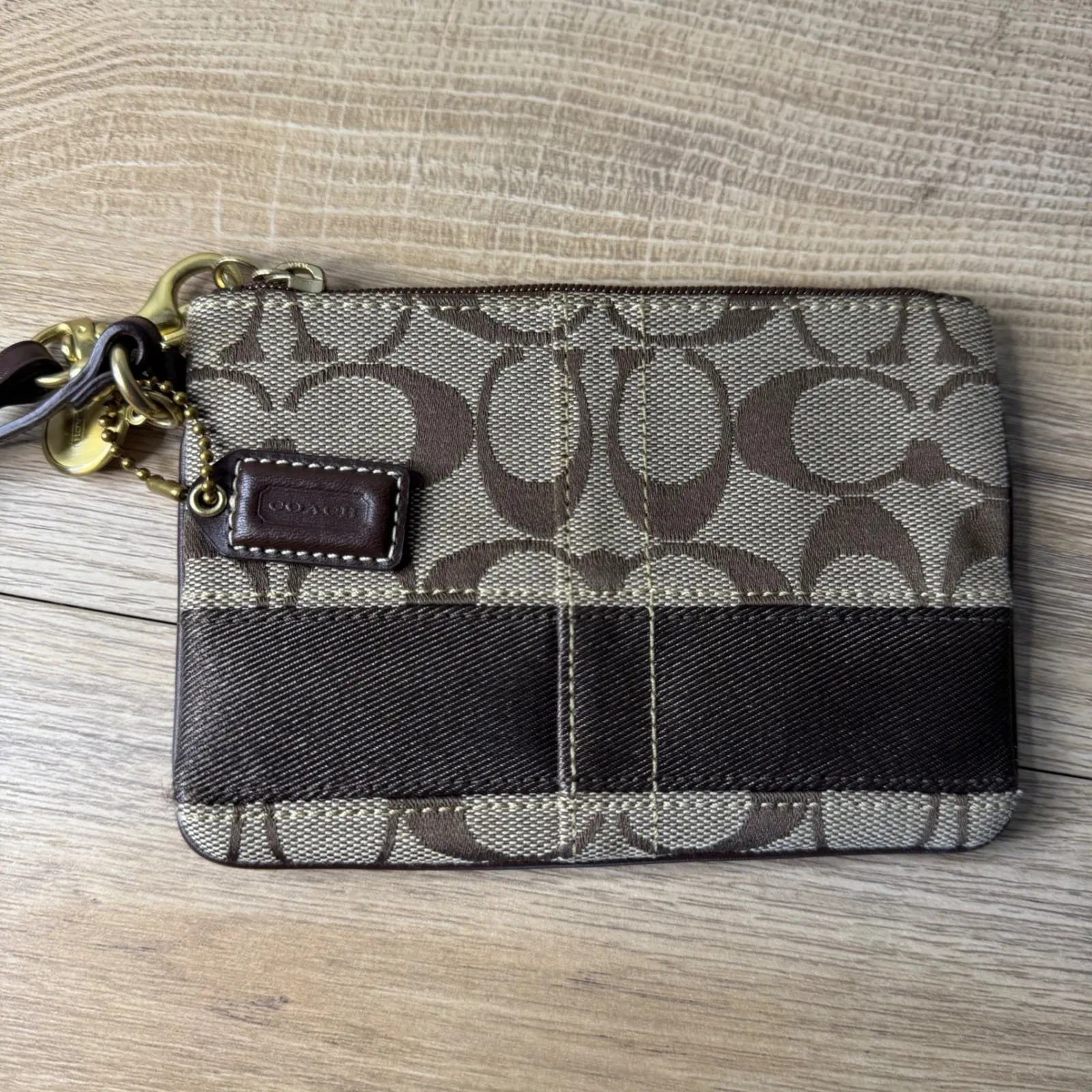 Coach Legacy Signature Leather Trim Wristlet Monogram Canvas Brown Gold Tone - Image 3