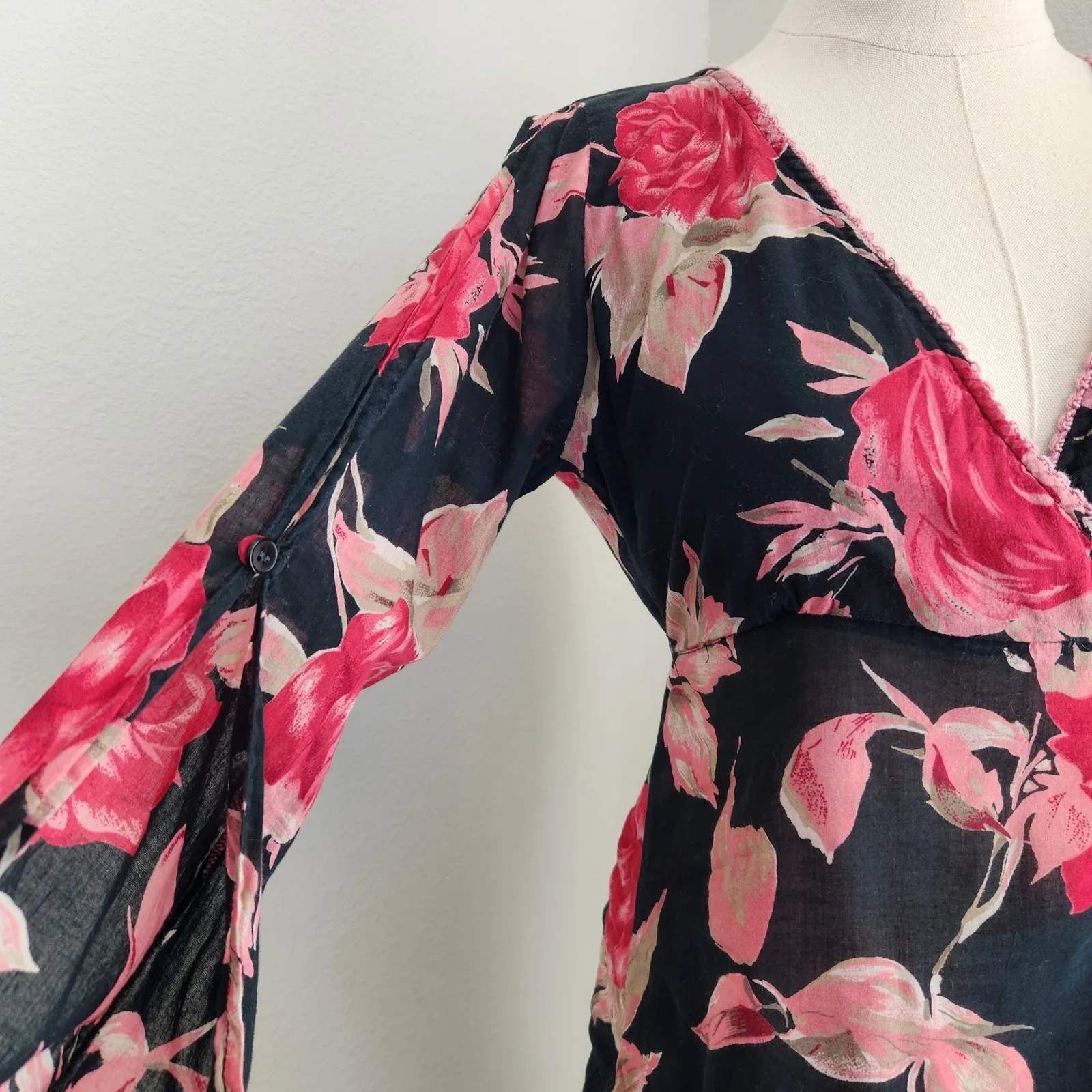 Y2K Magazine Black Pink Rose Print Wrap Tie Back Feminine Fairy Blouse Top S - Image 2