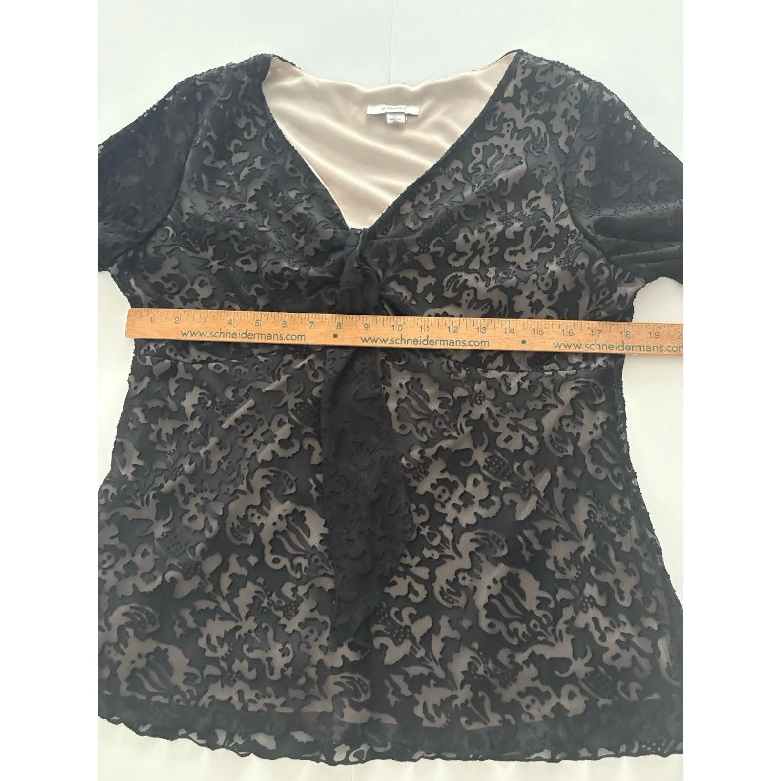 Dressbarn Babydoll Top L Black Lace Y2K Velvet Burnout Whimsigoth Bell Sleeve Size L - Image 8