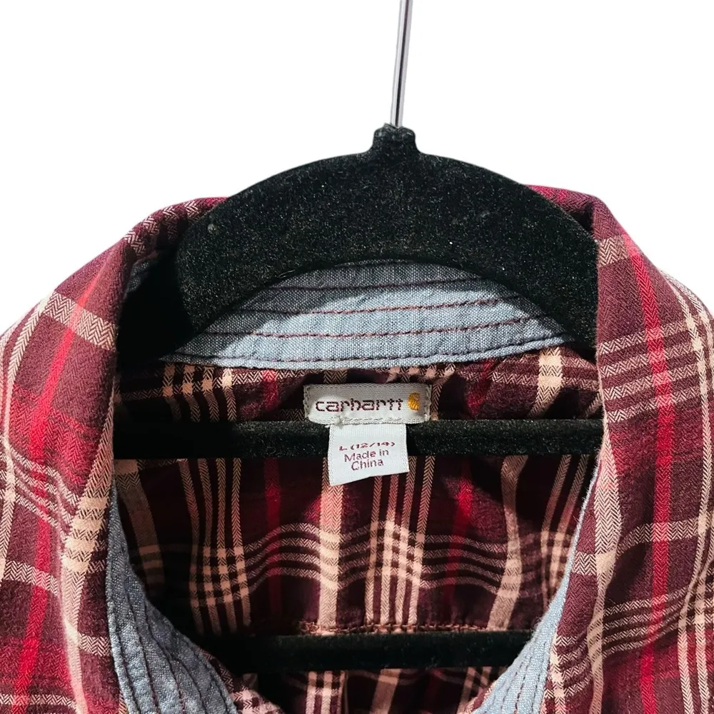 Carhartt Women's Plaid Button Up Collared Shirt Size 12/14 Large Casual Burgundy - Image 2