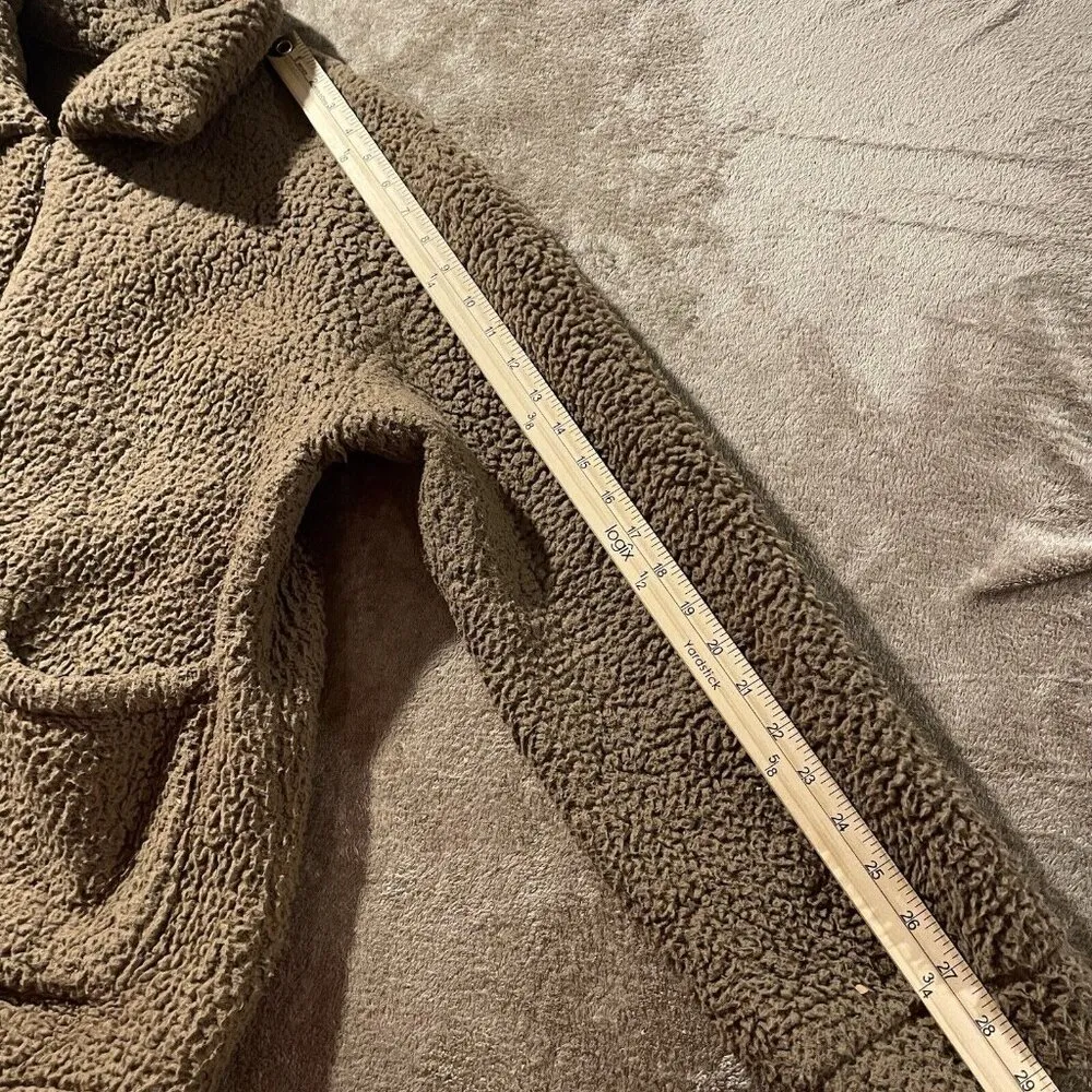 Womens Teddy Jacket Sz Large Bear Fleece Zip Up Camel Brown Tan Patch Pockets - Image 7