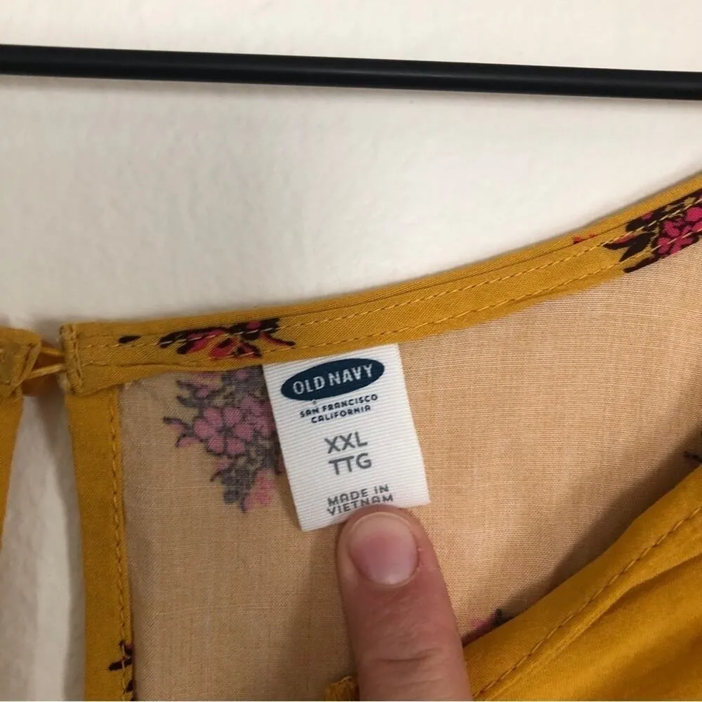 Old Navy Mustard Yellow Red Floral Long Sleeve Keyhole Mini Midi Flowy Dress - Image 4