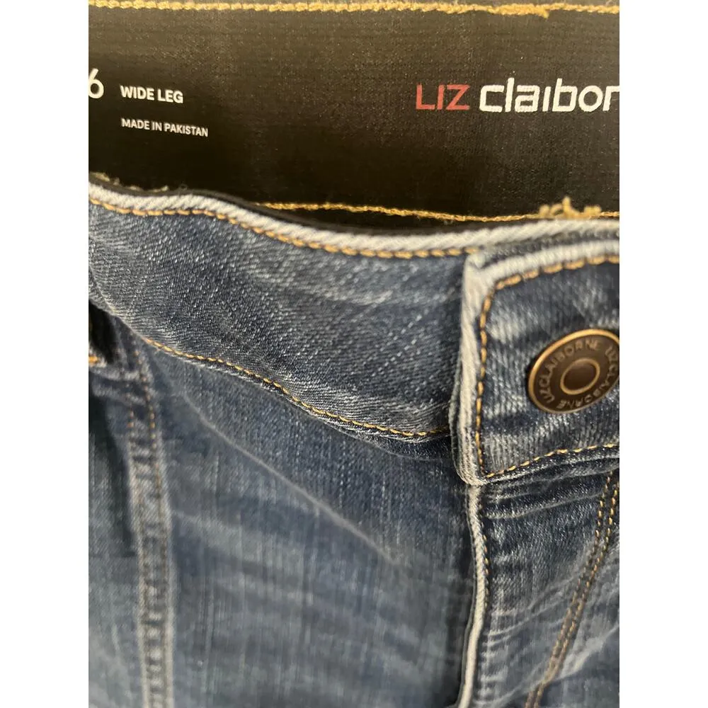 Liz Claiborne Wide Leg Denim Jeans Women 16 Distressed Stretch Comfort Waistband - Image 3