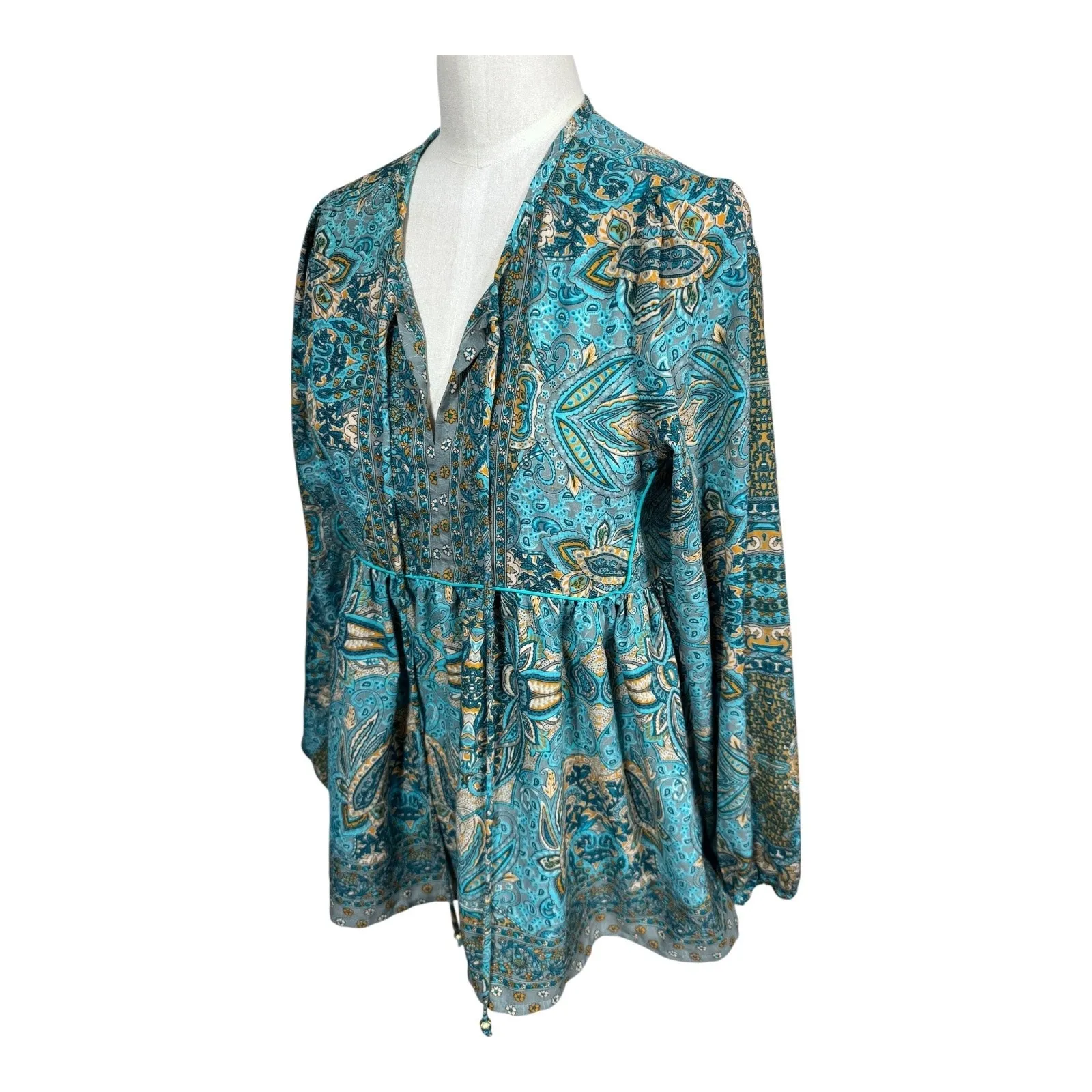 Masala Boho Paisley Tunic Top Blue Gold India Print Peasant Hippie‎ Blouse S Green - Image 2