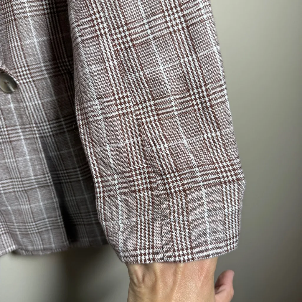 Maeve by Anthropologie Double-Breasted Plaid Blazer, Brown and White, Size 8 - Image 8