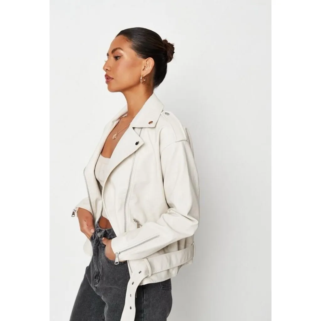 Missguided Cream Off-White Faux Leather Oversized Biker Moto Jacket Size 12 - Image 6