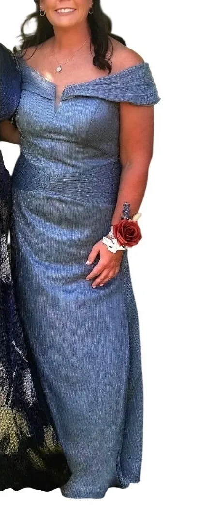 MGNY Morilee 12 Gown Metallic Silver Off The Shoulder Mother of the Bride Dress Gray - Image 2