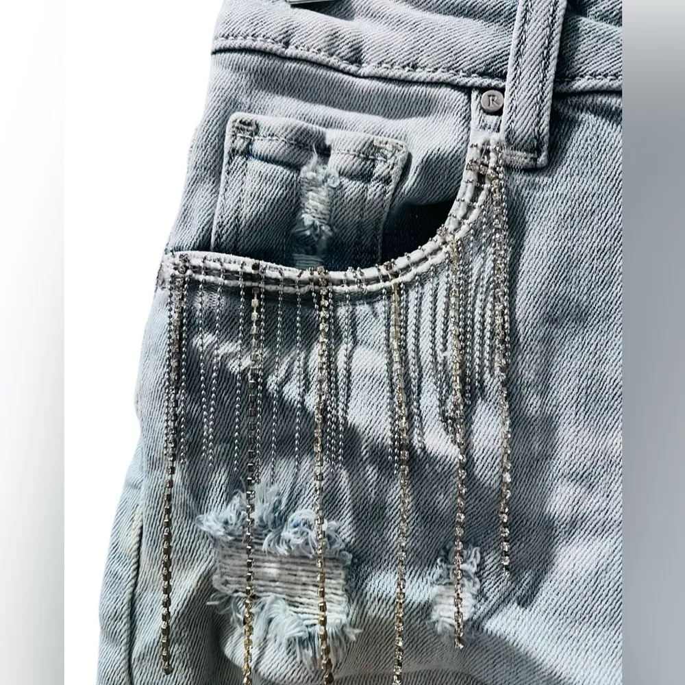 Risen Rhinestone Fringe Cut Off Distressed Denim Jean Shorts Size Small Western - Image 2
