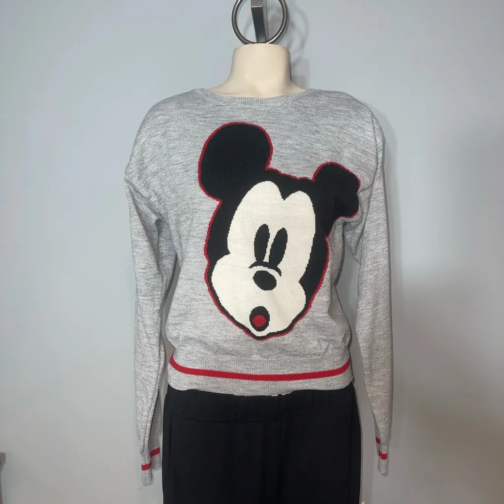 Disney's Mickey Mouse Face 90th Anniversary Retro Intarsia Sweater Gray junior M - Image 2