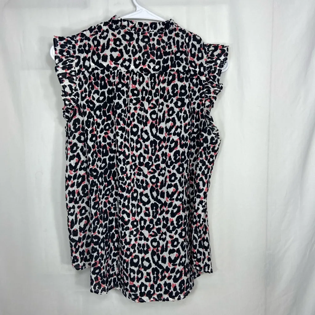 NWOT LOFT women’s black white pink leopard print ruffle elastic button‎ blouse M - Image 6