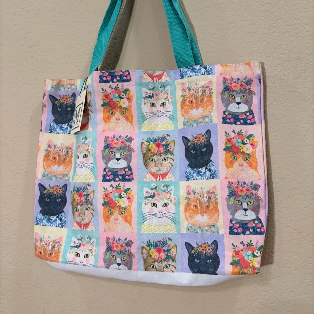 MIA CHARRO Canvas Shoulder Bag Cats Land With Floral
Headband Cute Boho Cottage White - Image 3