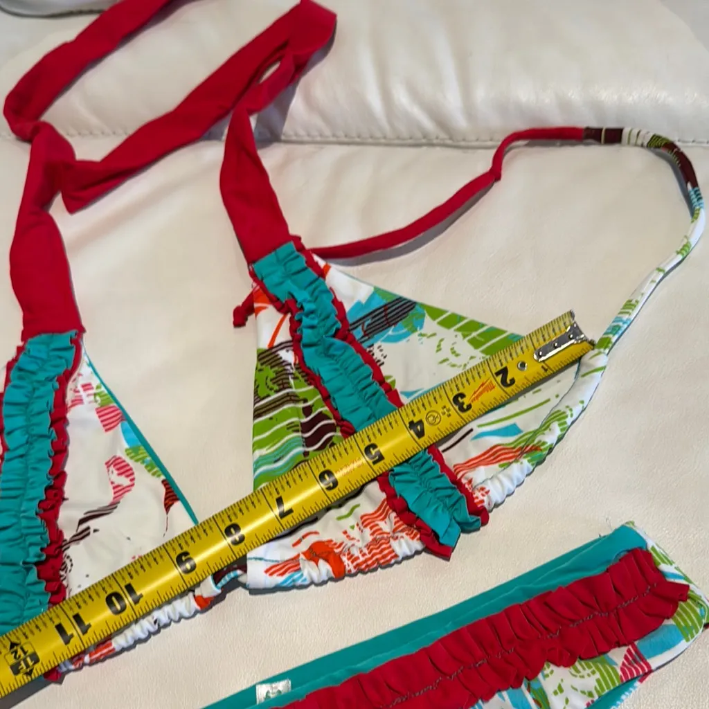 Women small Colorful Bikini Set with Ruffle Details hand made tropical ruffles Red - Image 7