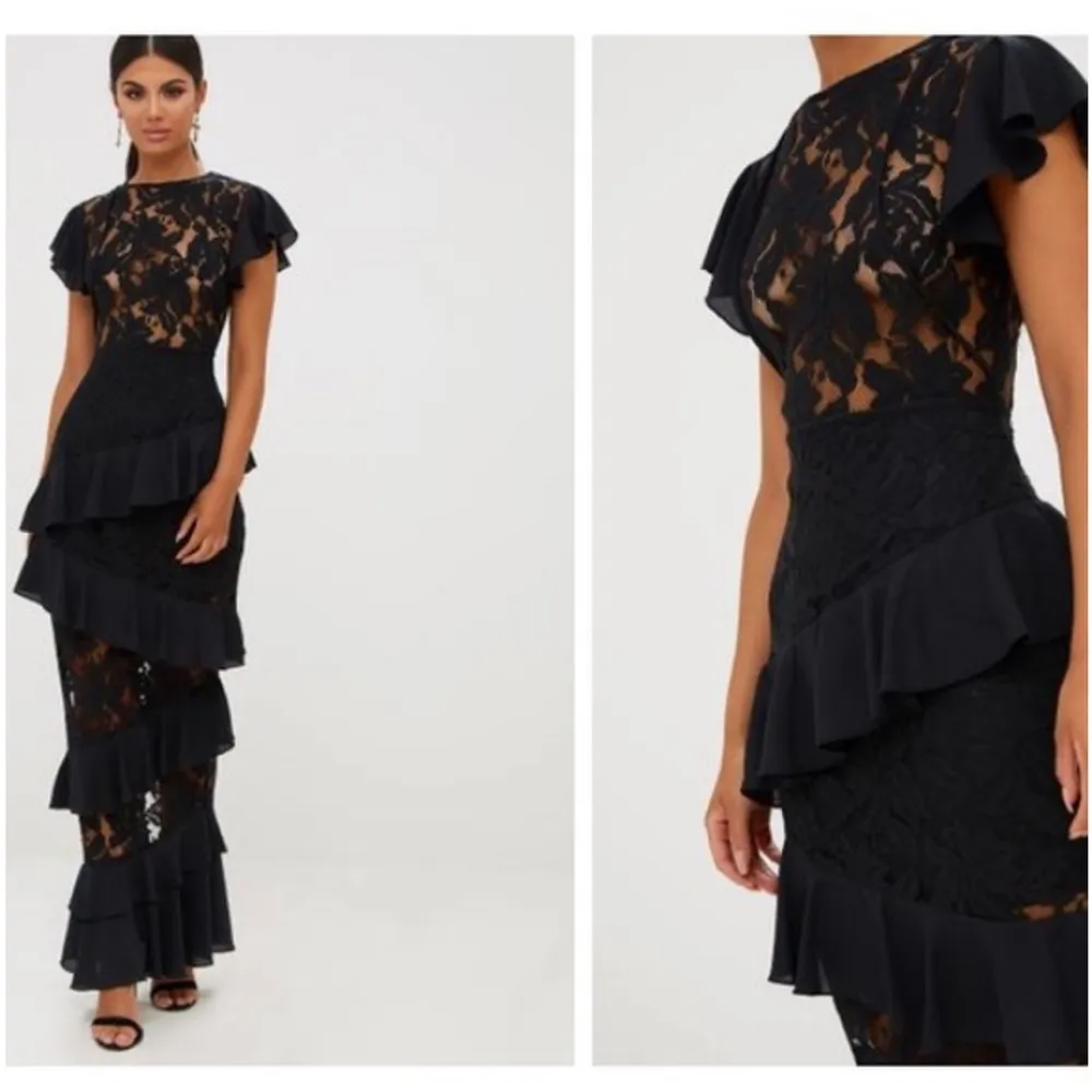 PrettyLittleThing Sheer Black Lace Ruffle Detail Formal Maxi Dress Size 6 - Image 2
