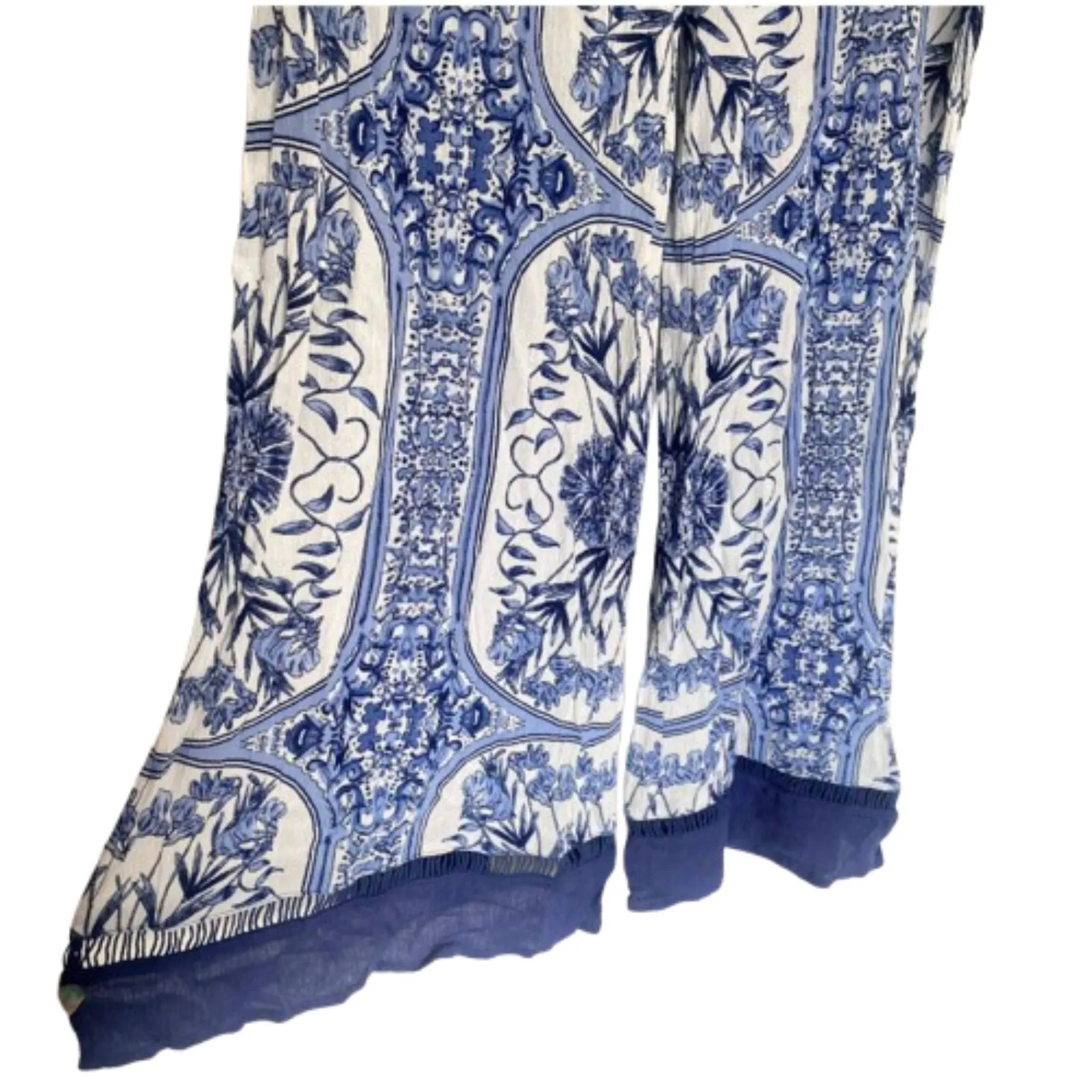 Abbeline Wide Leg Slit Beach Pants Blue Floral Boho Swim Coverup Size Small - Image 3