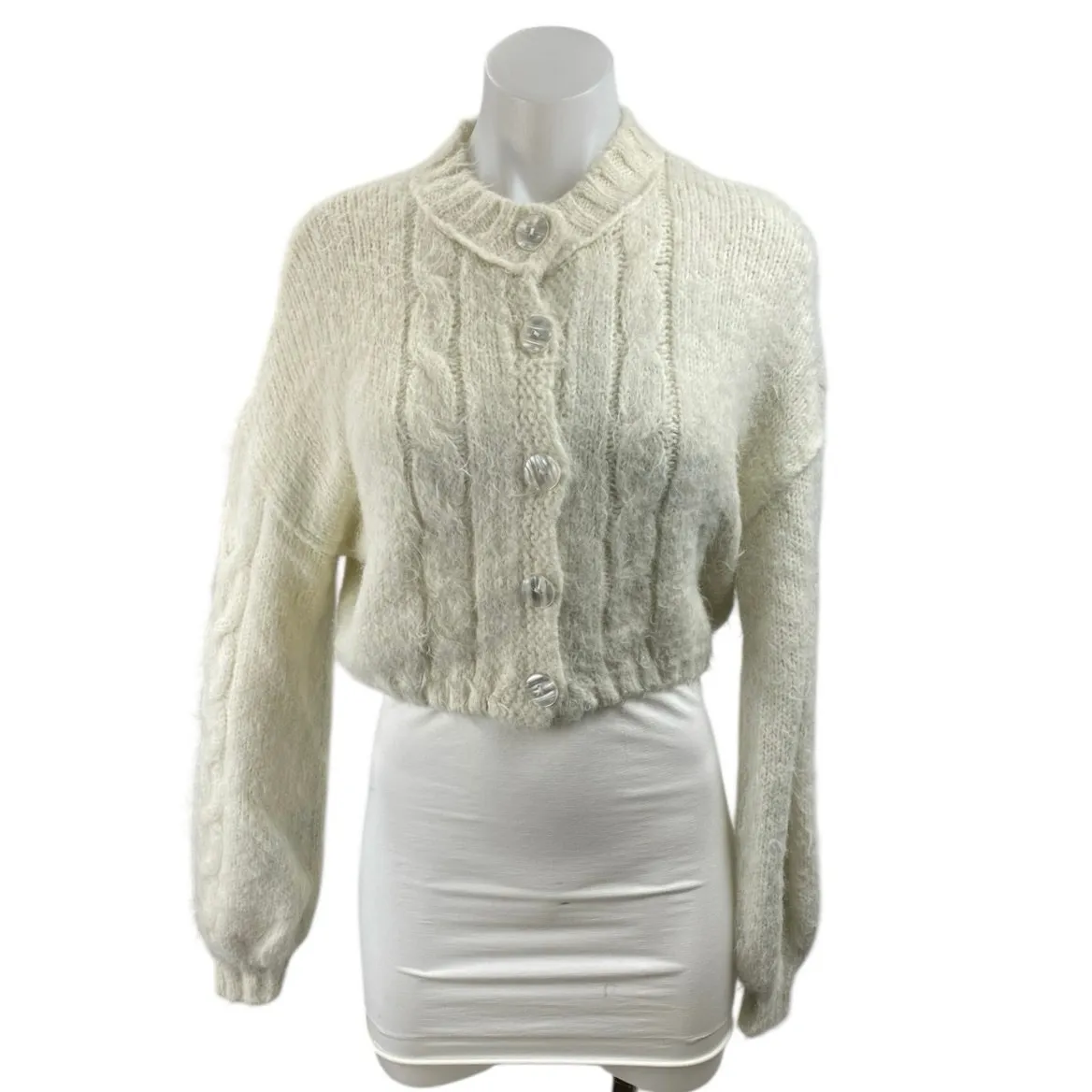 Free People Willow Cream Cable Knit Long Sleeve Crop Button Cardigan Sweater XS - Image 2