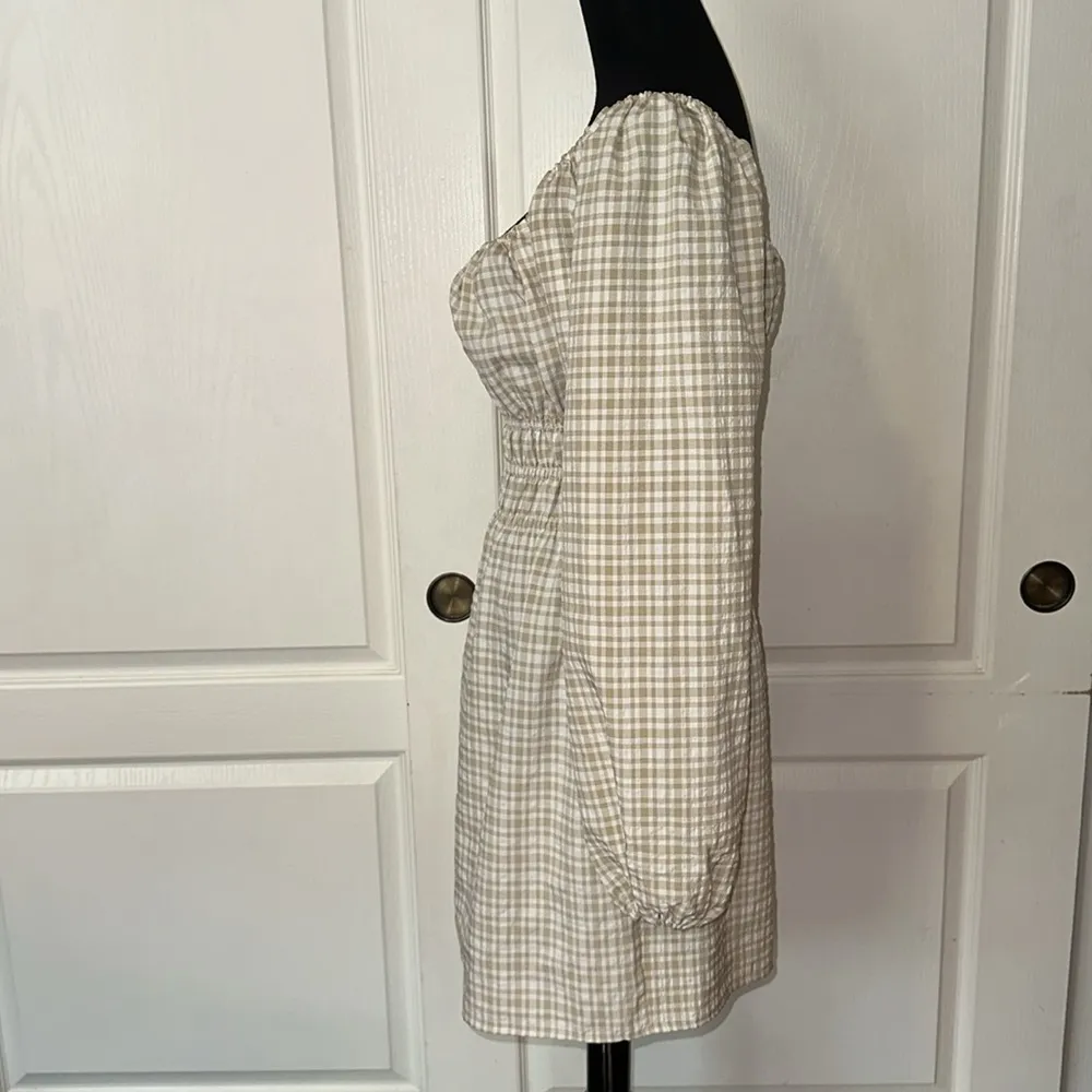 LEYDEN CREAM TAN GINGHAM RUCHED DETAIL BALLOON SLEEVE WESTERN DRESS White Size M - Image 3