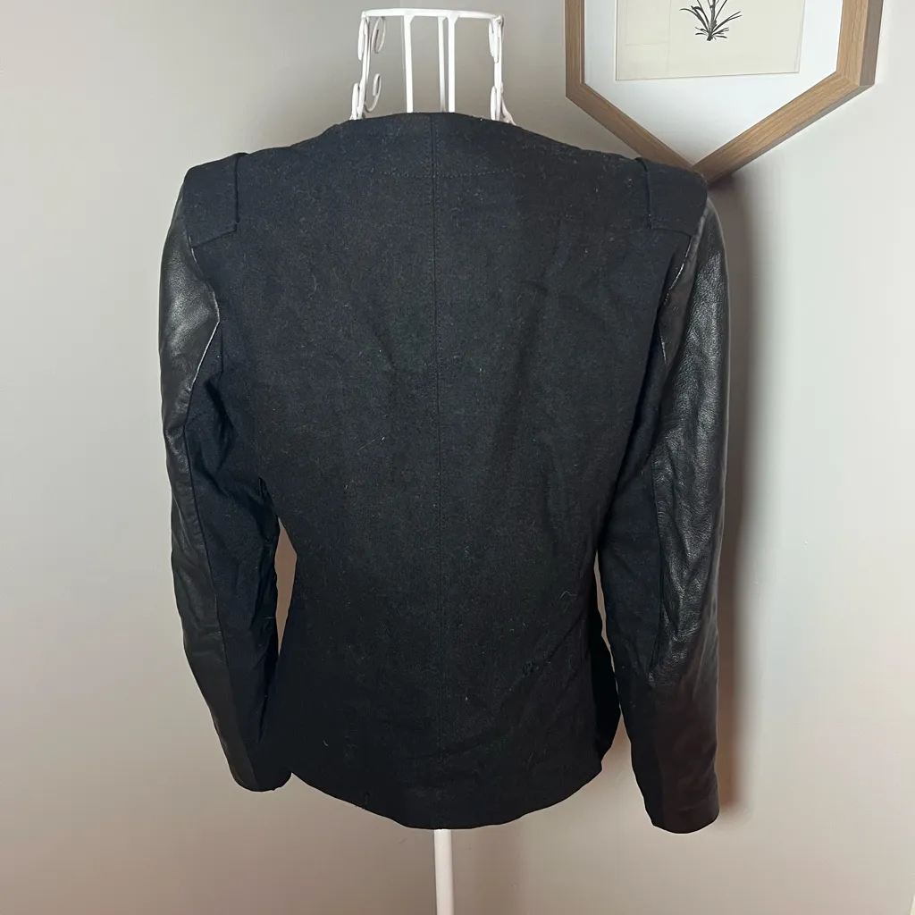 Judith And Charles Black Laine Wool Zip Bomber Jacket Leather Sleeve Size 4 - Image 5