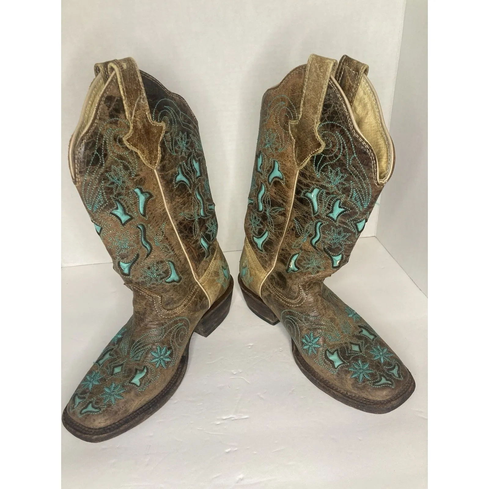 Brown Leather Women’s Cowgirl Boots Size 5 Embroidered Floral Inlay Turquoise - Image 5