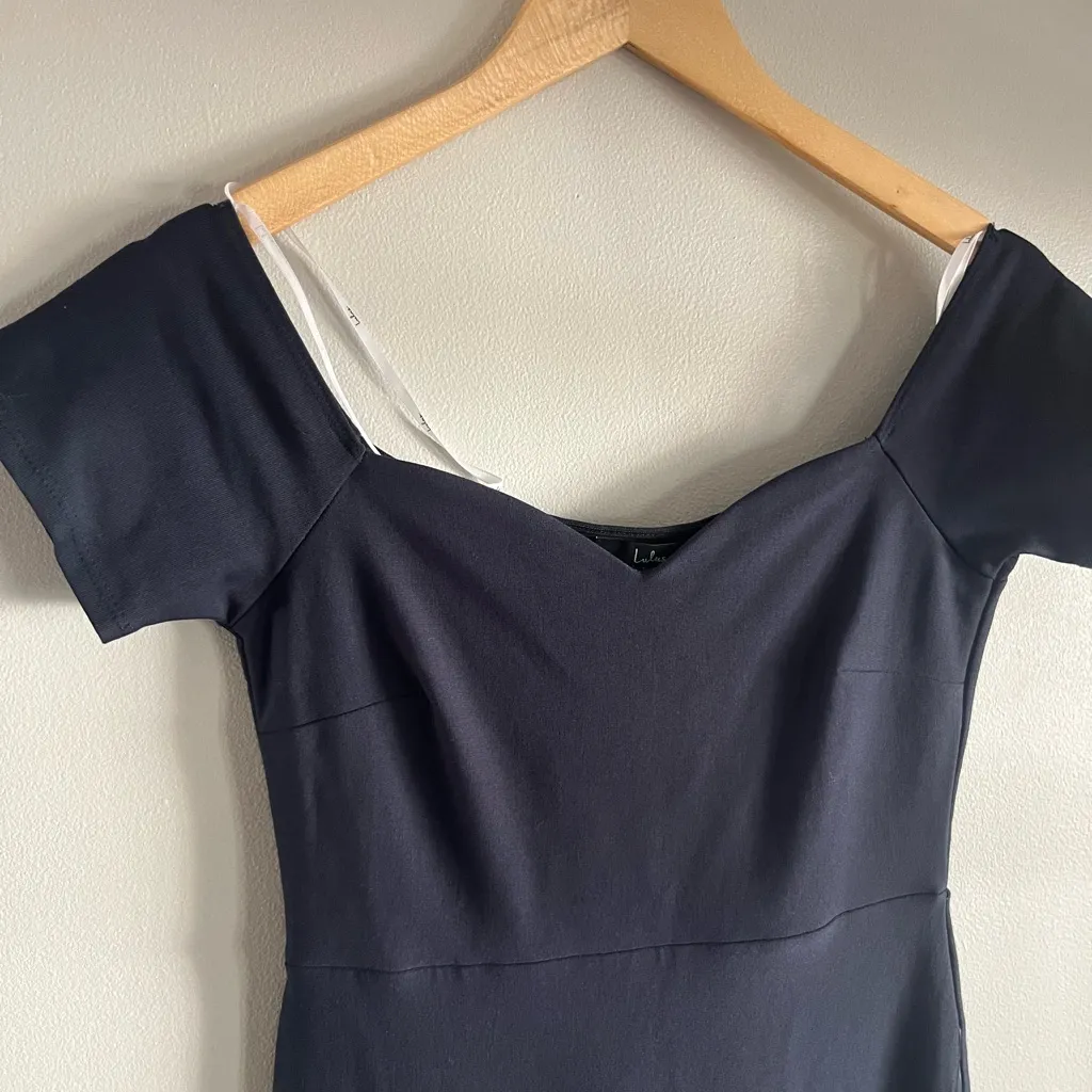 Lulus Midnight Blue Off Shoulder Midi Dress Ponte Knit Trumpet Hem NWT L - Image 4