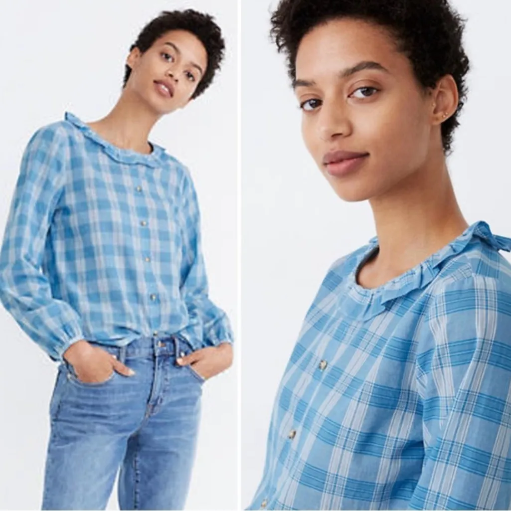 Madewell Ruffle-Neck Colwell Plaid Cotton Top in Ashby Plaid Ocean Wave Size XXL - Image 2