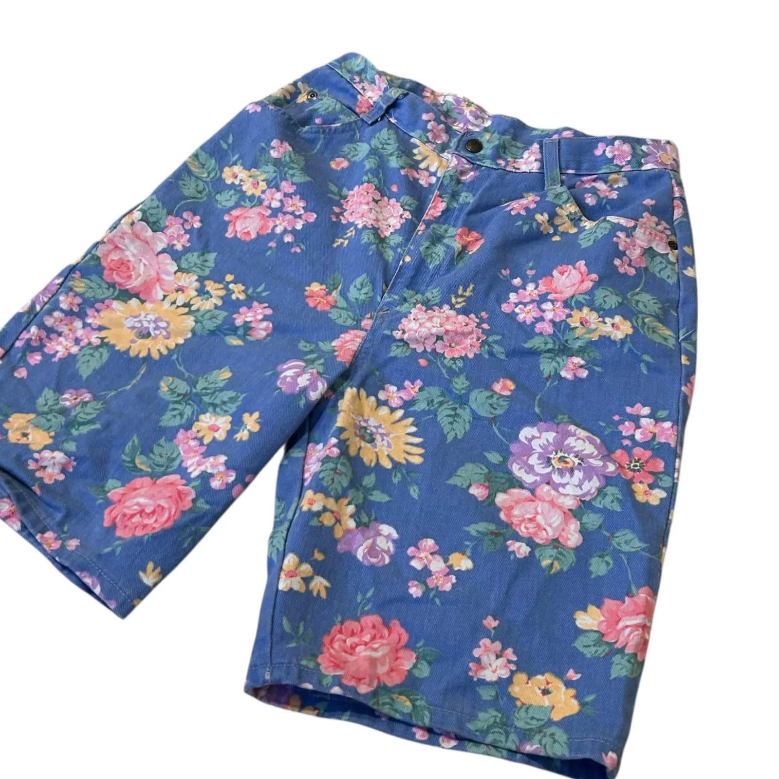 Vintage Floral Denim Bermuda Shorts Sz Small Blue Pink High Waist Festival Cute - Image 14