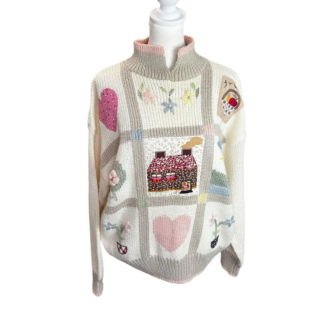Vintage 90s High Gate Ltd Whimsical Knit Sweater Cottagecore Folk Art Tan Size XL - Image 3