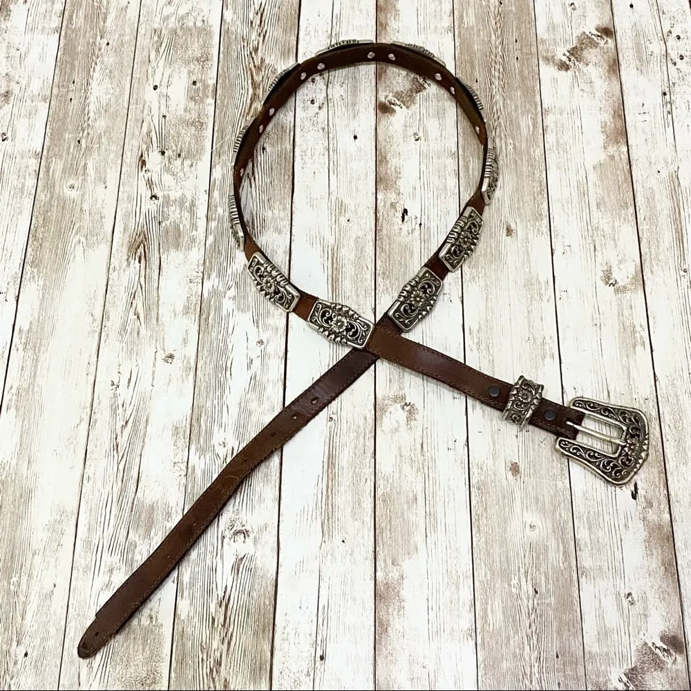 Justin Brown Leather Silver tone Flower Conch Western Belt Size 35 - Image 2