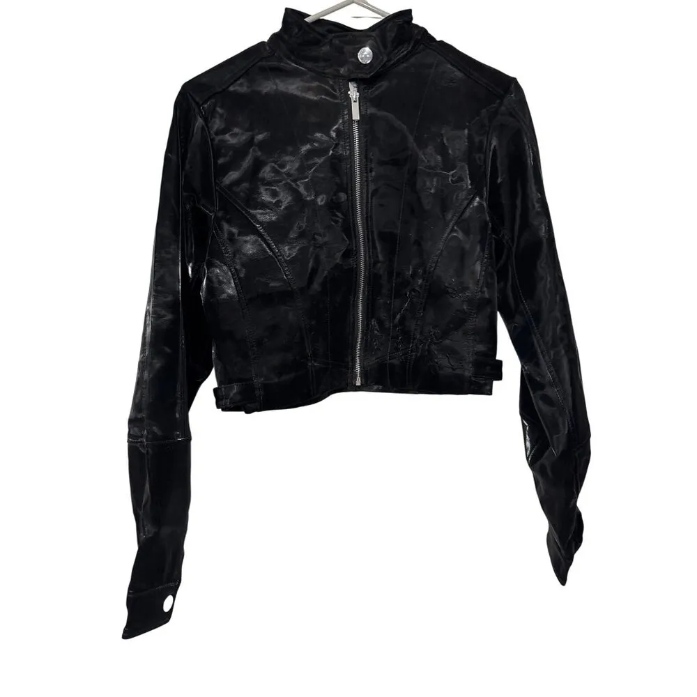 WeWoreWhat Faux Patent Leather Cropped Moto Jacket in Black X-Small New as-is - Image 4