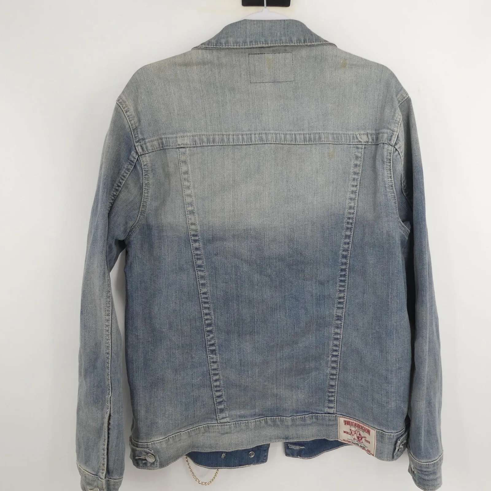 True Religion ‎ Section Trucker Jacket Womens Large Distressed Denim Chains - Image 5