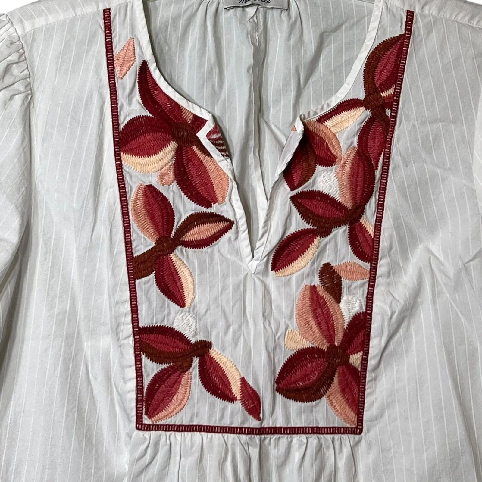 Madewell Shirt Women's Medium White Embroidered Floral Peasant Boho Top H7398 - Image 9