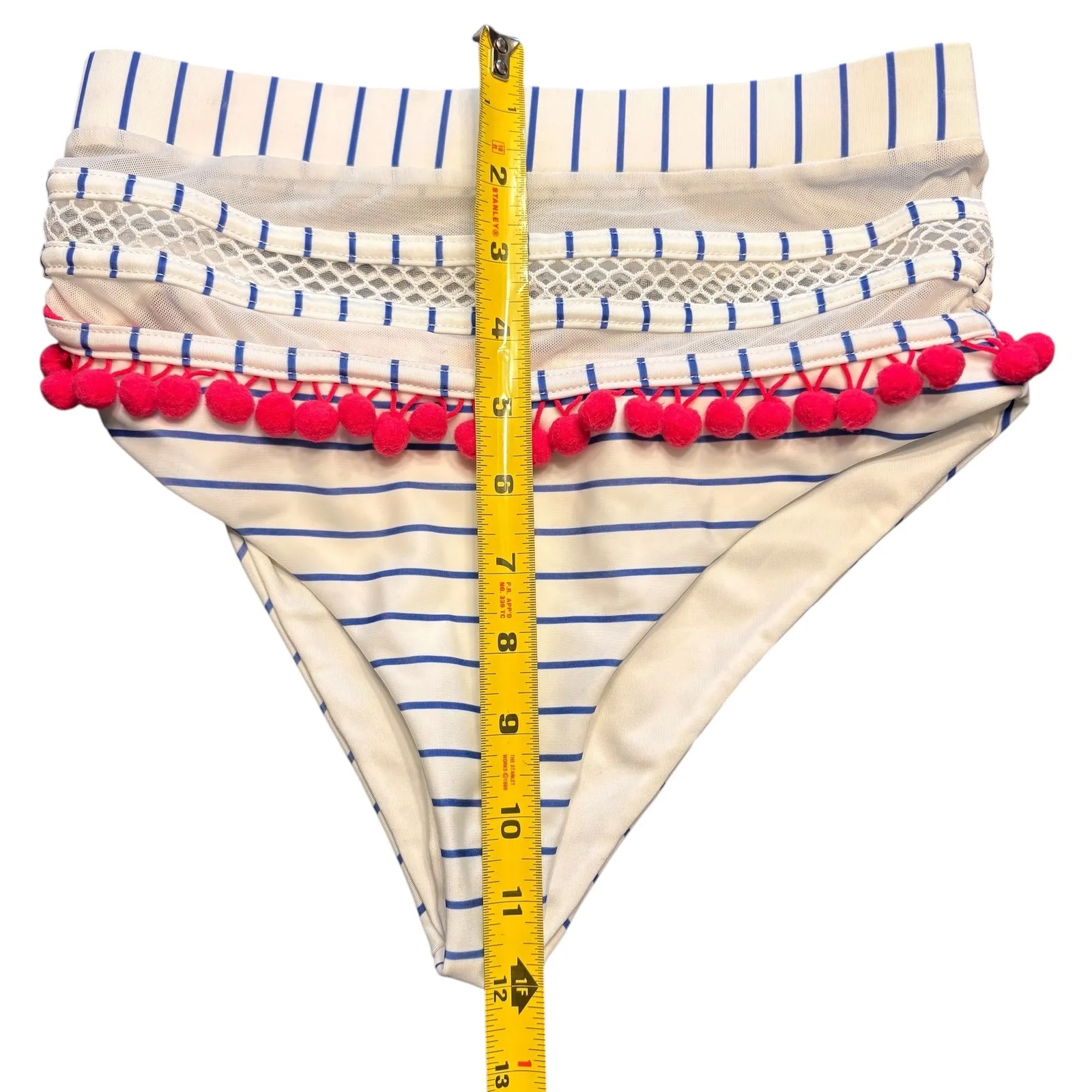 TULAROSA Nina High Waisted Bikini Set Blue White Stripe Pink Pom Poms XS - Image 6