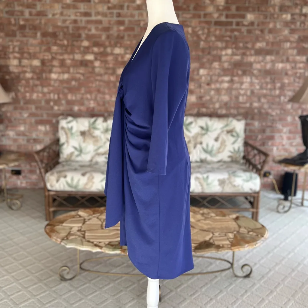 New York & Company Dress Ruched M Periwinkle Blue Purple Mini Knit V - Image 8