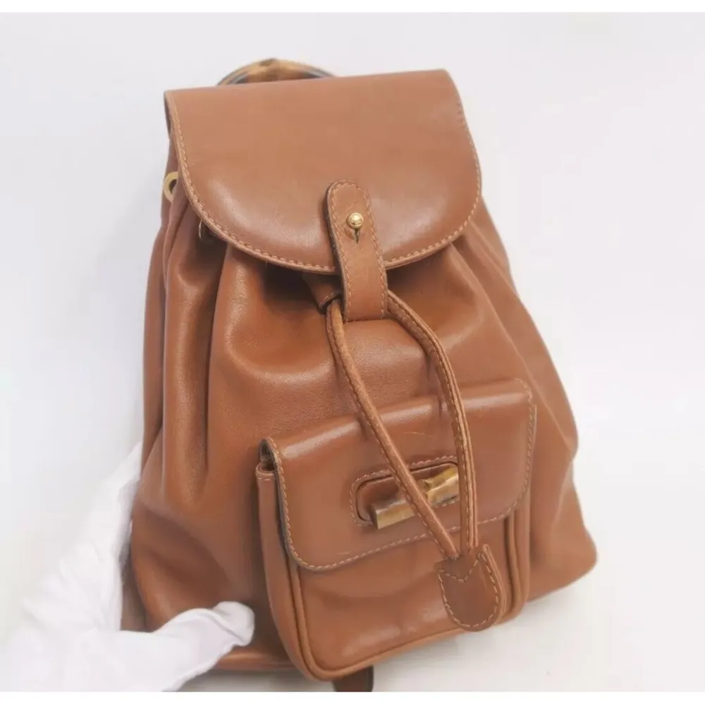 Gucci  Brown Leather Backpack with Bamboo - Image 3